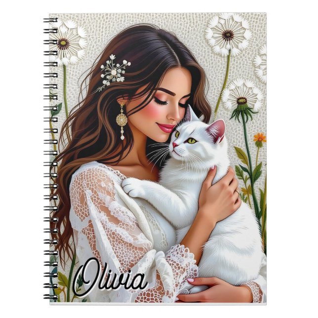 Cuaderno Mujer Hermosa, Gato y Dientes de León Personalizad (Frente)