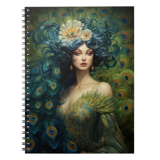 Cuaderno Mujer hermosa rodeada de plumas de pavo real (Frente)