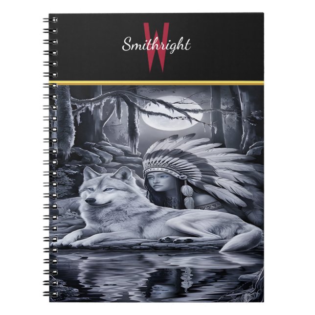 Cuaderno Mujer india serena con lobo al borde del agua (Frente)