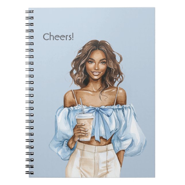 Cuaderno Mujer Negra Camiseta Azul Brinda Bebida (Frente)