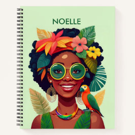 Cuaderno Mujer negra, flores tropicales y loro