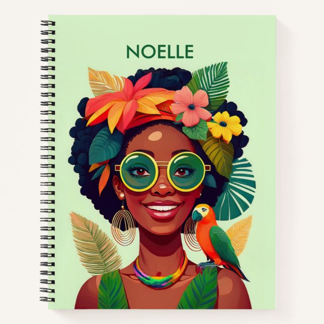 Cuaderno Mujer negra, flores tropicales y loro (Anverso)