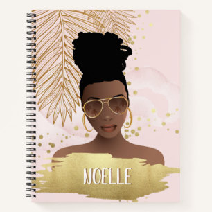 Cuaderno Mujer negra, hoja de oro tropical y sombras, rosa