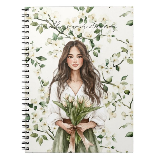 Cuaderno Mujer Pelo Marrón Flores Blancas Tulipanes (Frente)