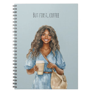 Cuaderno Mujer Pelo Negro Vestido Azul Pero Primero, Café