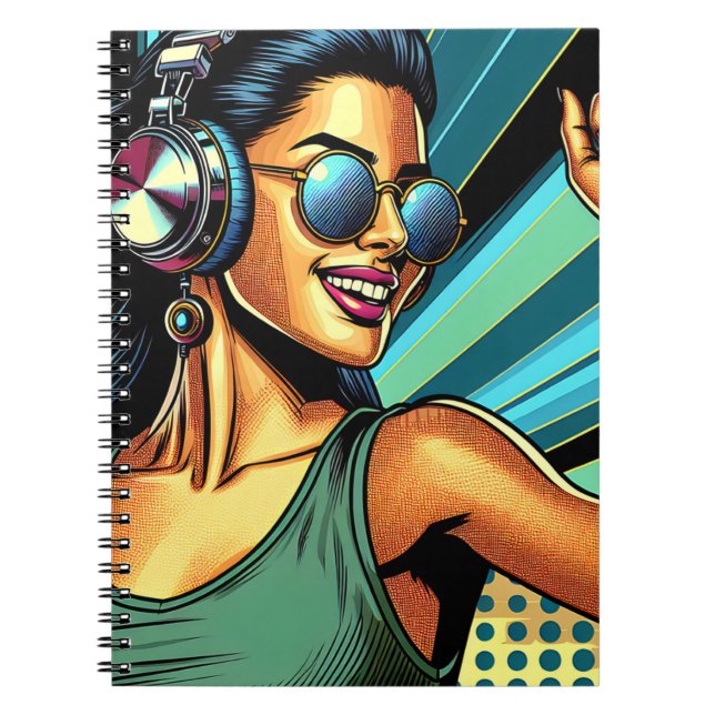 Cuaderno Mujer pop artística en baile de audífonos (Frente)