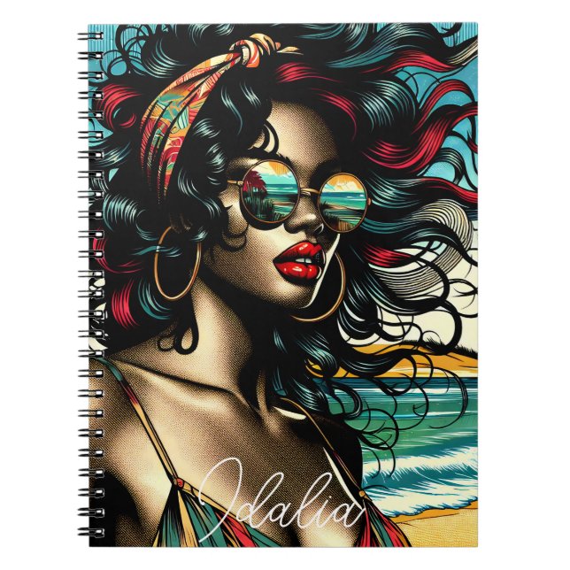 Cuaderno Mujer Retro en Playa Estilo Cómic Pop Art (Frente)