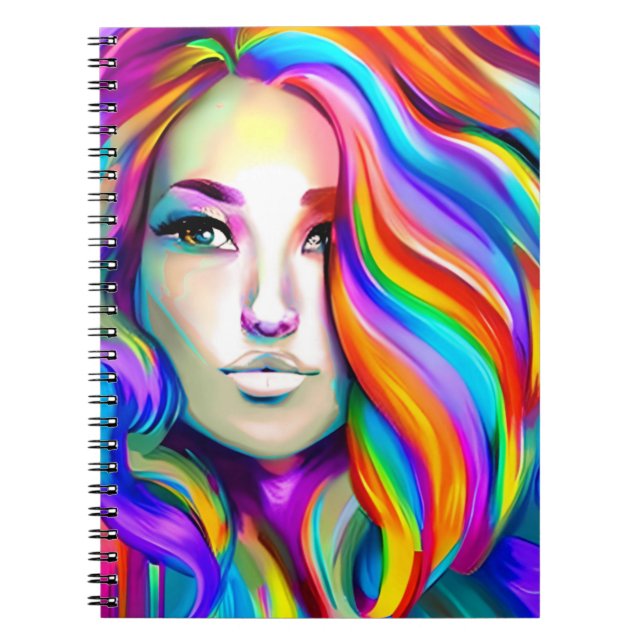 Cuaderno Mujer retro moderna con pelo de arco iris (Frente)