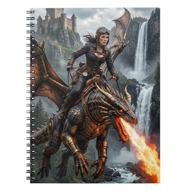 Cuaderno Mujer Steampunk domando un Dragón que escupe Fuego (Frente)