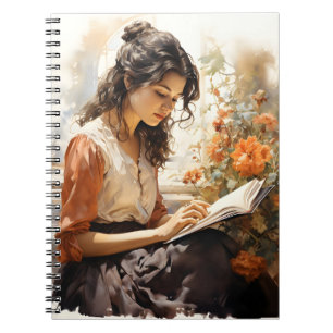 Cuaderno Mujer victoriana acuarela leyendo un libro