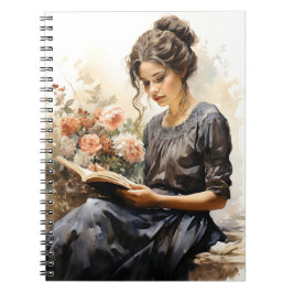 Cuaderno Mujer victoriana acuarela leyendo un libro