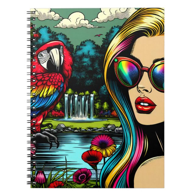Cuaderno Mujer y loro en el parque Pop Art (Frente)