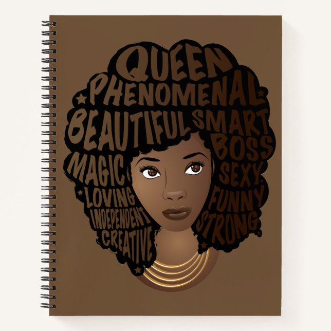 Cuaderno Mujeres motivadoras negras, pelo natural, marrón (Anverso)