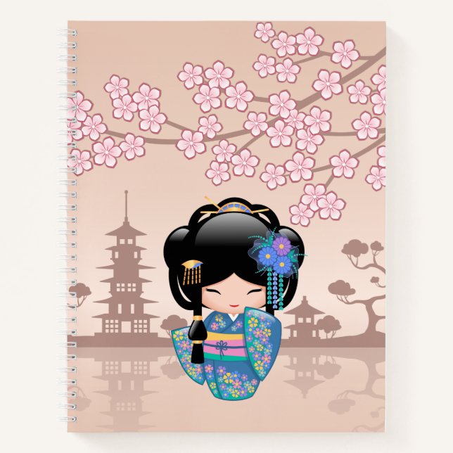 Cuaderno Muñeca Keiko Kokeshi - Chica de Kimono azul Geisha (Anverso)