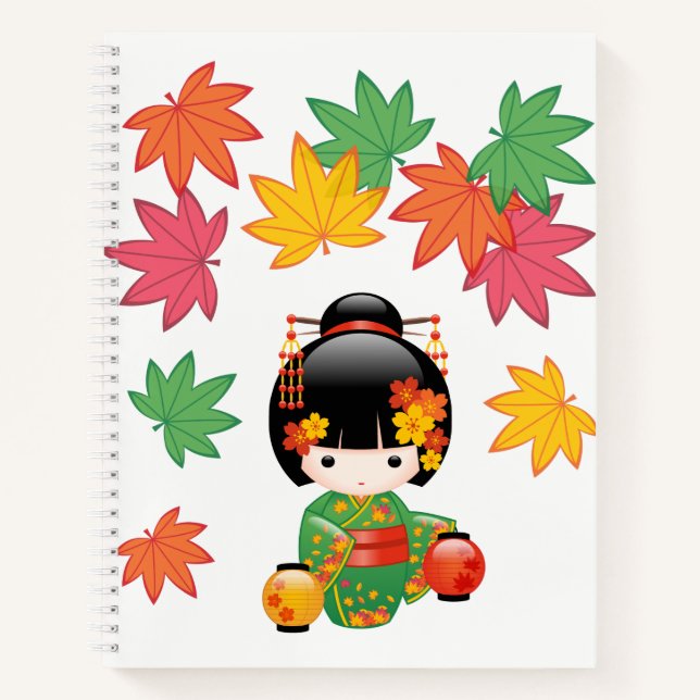 Cuaderno Muñeca Kokeshi Caída - Chica de Kimono Verde Geish (Anverso)