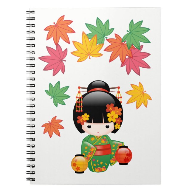 Cuaderno Muñeca Kokeshi Caída - Chica de Kimono Verde Geish (Frente)