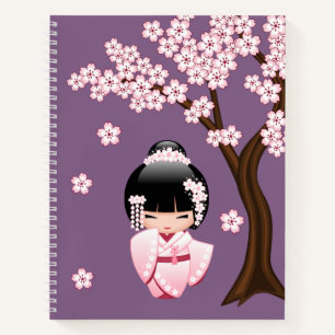 Cuaderno Muñeca Kokeshi de Kimono Rosa sobre Fondo Morado
