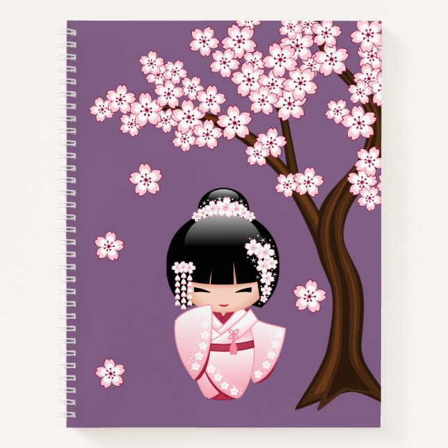 Cuaderno Muñeca Kokeshi de Kimono Rosa sobre Fondo Morado (Anverso)