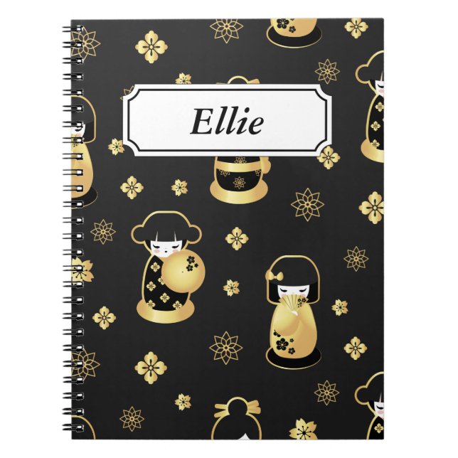 Cuaderno Muñecas japonesas de oro negras elegantes (Frente)