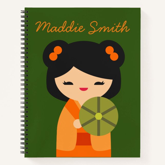 Cuaderno Muñecas japonesas kokeshi, naranja lindo (Anverso)
