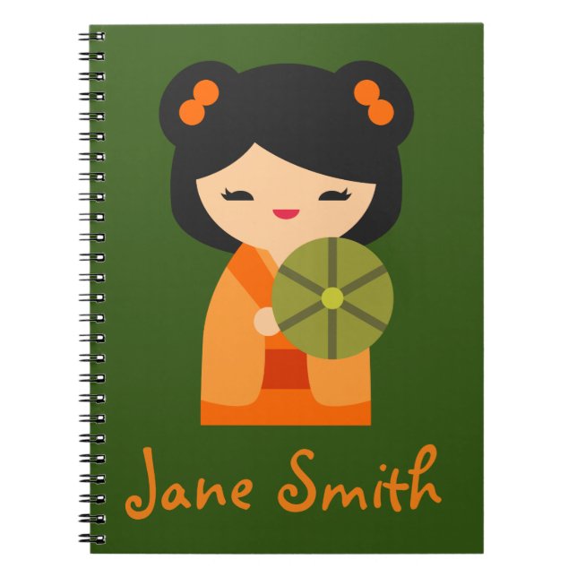 Cuaderno Muñecas japonesas kokeshi, naranja lindo (Frente)