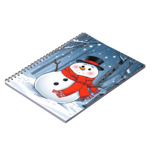 Cuaderno Muñeco de nieve en un bosque frío con bufanda roja