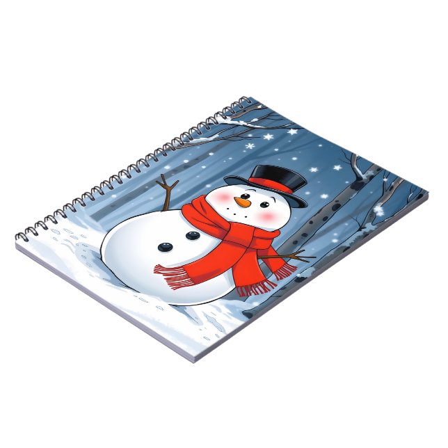 Cuaderno Muñeco de nieve en un bosque frío con bufanda roja (Lado Izquierdo)