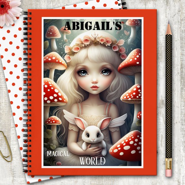 Cuaderno Mushroom Magia Fantasía Hada (Cute colorful notebook featuring an illustration of a fairy girl with an angel rabbit and mushrooms)