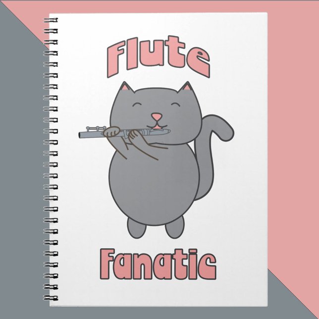 Cuaderno Música Fanática de Flauta Gato Gris Rosa (A notebook featuring a flute playing gray cat and the words Flute Fanatic.)