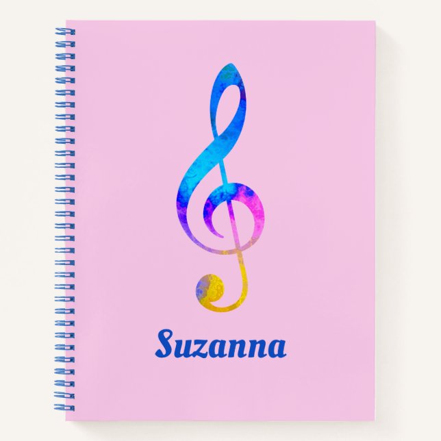 Cuaderno Musical Rainbow Swirle Treble Clef y nombre rosado (Anverso)