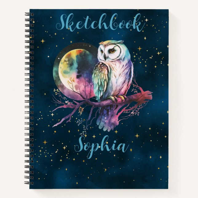 Cuaderno Mystical Rainbow Owl & Full Moon Celestial Sketch (Anverso)