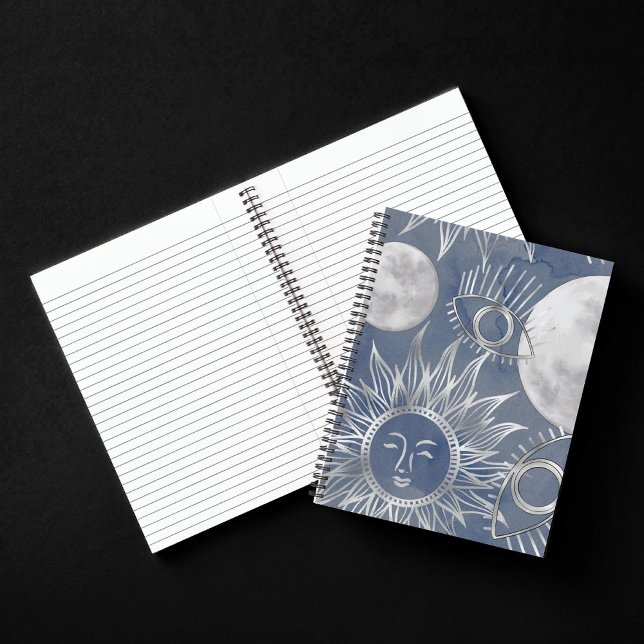 Cuaderno Mystique solar | Dusty Blue Silver Moon Stars Sun (Subido por el creador)