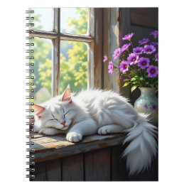 Cuaderno Napping White Cat and Purple Flowers 