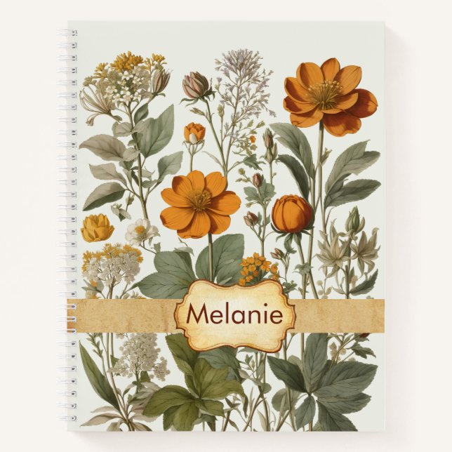 Cuaderno Naranja acuarela Flores silvestres | Nombre person (Anverso)