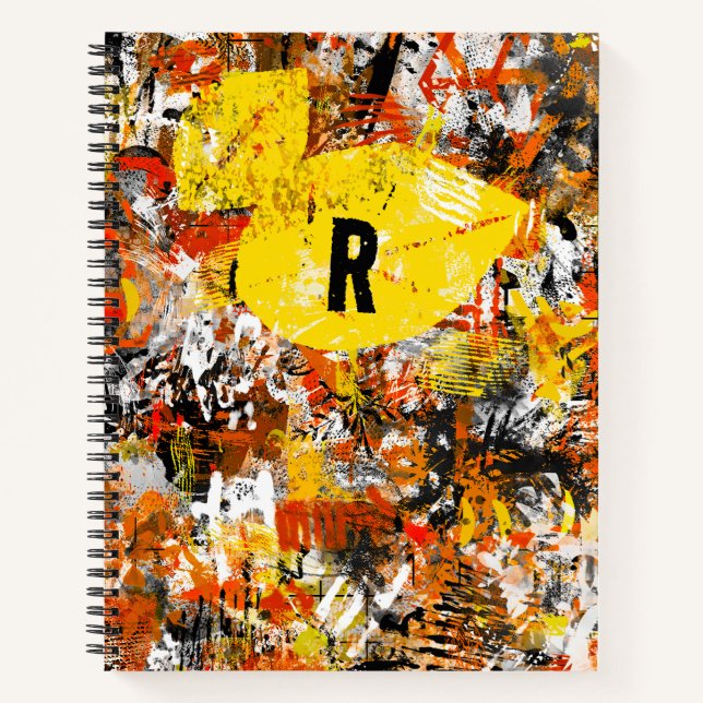 Cuaderno Naranja amarillo Monograma negro Pintura abstracta (Anverso)