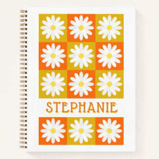 Cuaderno Naranja amarillo mostaza Daisy Retro Checkerboard