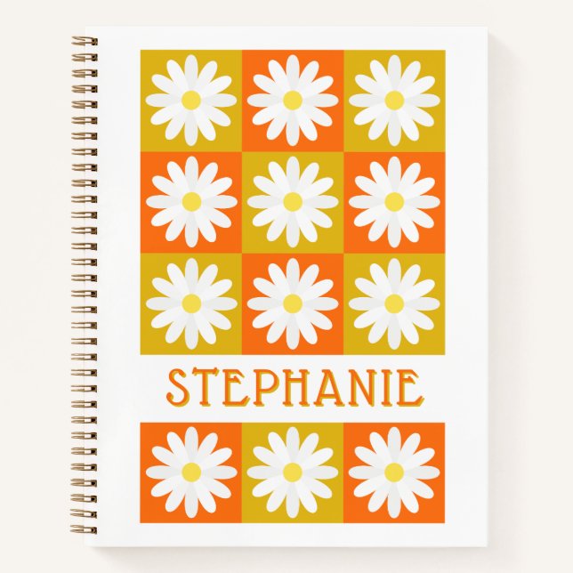 Cuaderno Naranja amarillo mostaza Daisy Retro Checkerboard (Anverso)