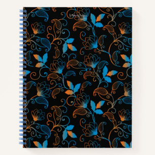 Cuaderno Naranja azul Resumen Floral sobre fondo negro
