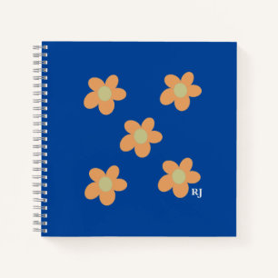Cuaderno Naranja bonito Flores felices + Personalizado Azul