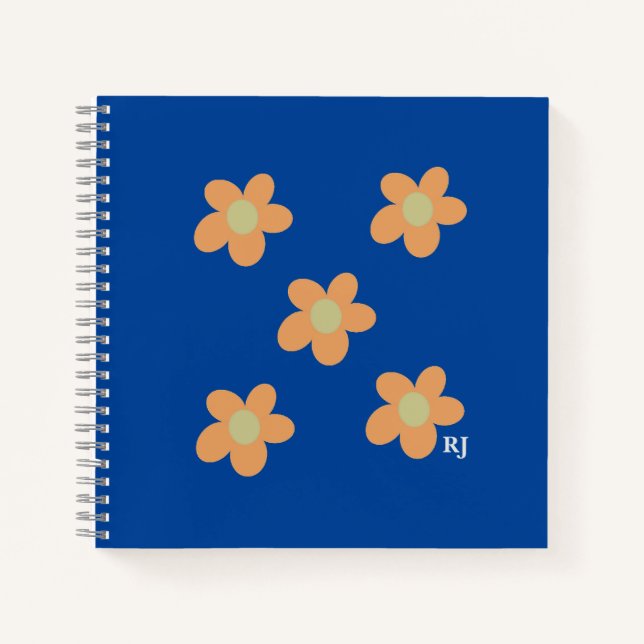 Cuaderno Naranja bonito Flores felices + Personalizado Azul (Anverso)
