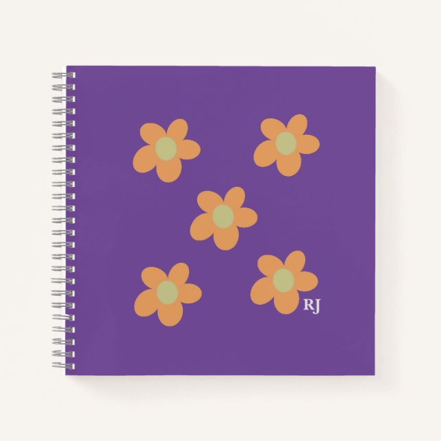 Cuaderno Naranja bonito Flores felices + Personalizado Púrp (Anverso)