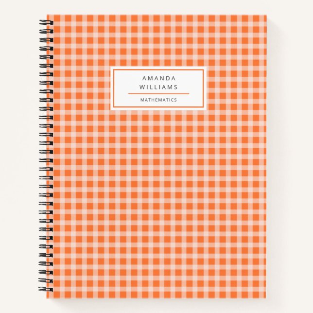 Cuaderno Naranja bonito Gingham Plaid personalizado (Anverso)