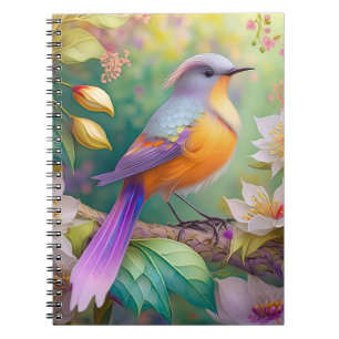 Cuaderno Naranja con cabeza de lavanda Pájaro de fantasía c