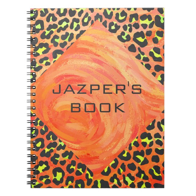Cuaderno Naranja de monograma leopardo e impresión amarilla (Frente)