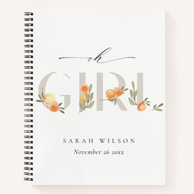Cuaderno Naranja dulce Floral Boho Oh Chica Baby Shower (Anverso)