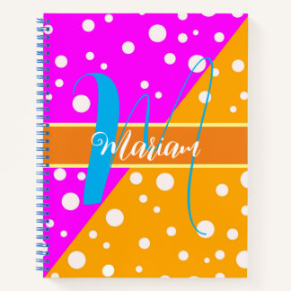 Cuaderno Naranja estético brillante y nombre rosado monogra