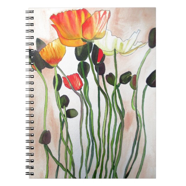 Cuaderno Naranja Flores de adormidera pintura acuarela (Frente)
