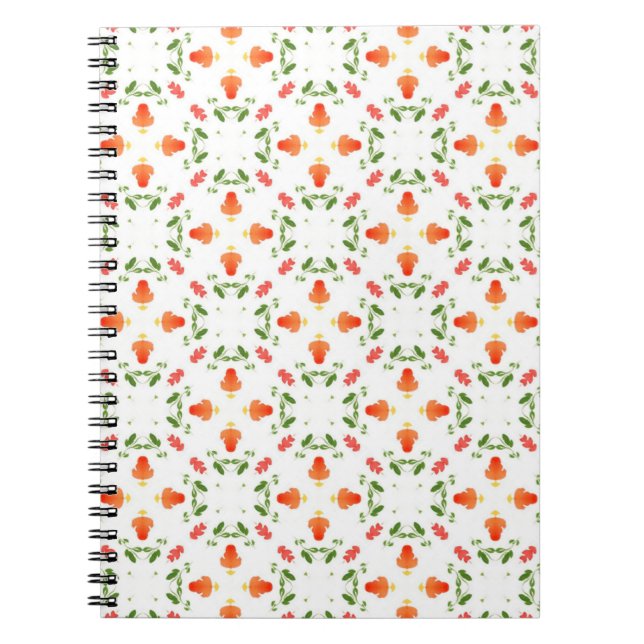 Cuaderno Naranja flores patrón de hojas verdes (Frente)