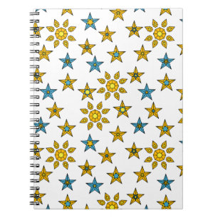 Cuaderno Naranja Galaxia y patrón de gemas de sol azul y es