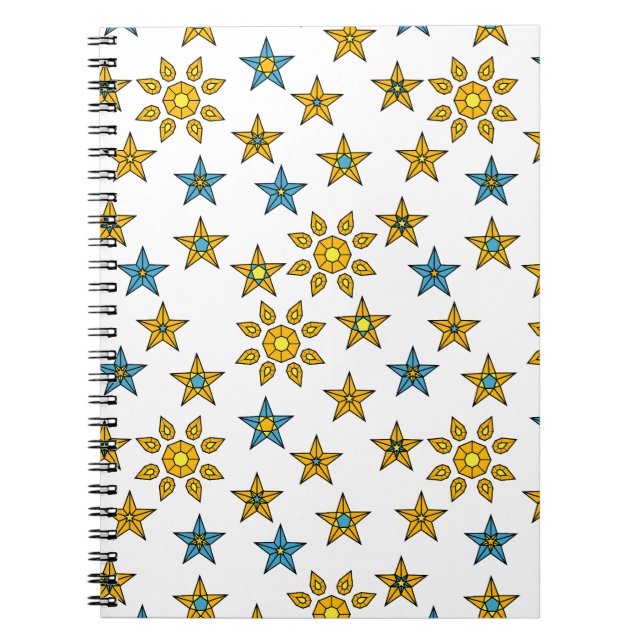 Cuaderno Naranja Galaxia y patrón de gemas de sol azul y es (Frente)